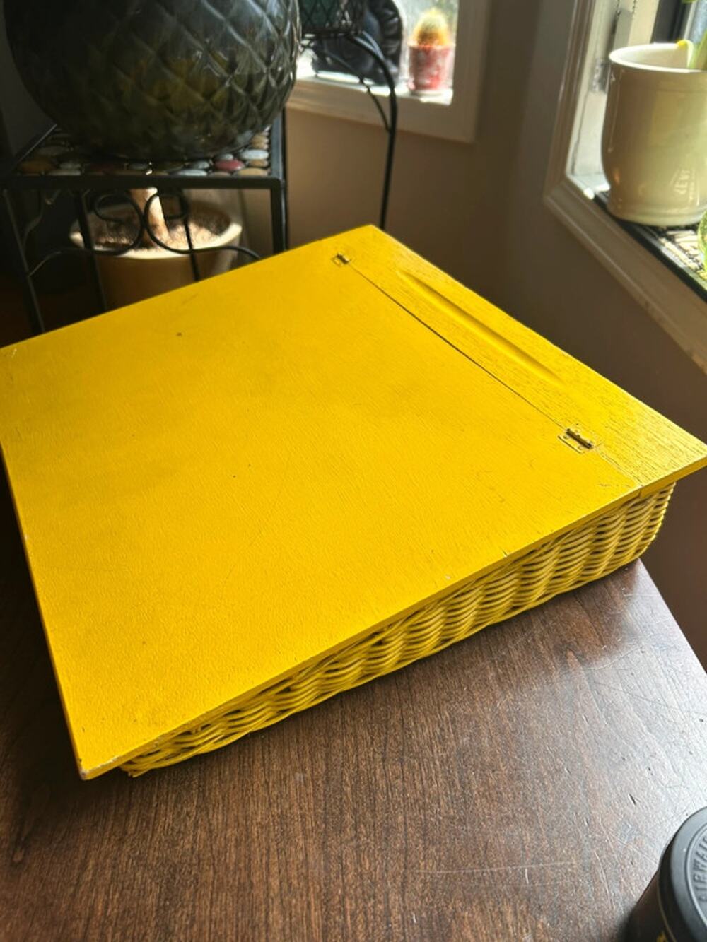 vibrant yellow-painted wicker storage sewing basket hinged wooden lid
